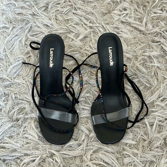 NWOB Larroude Disco Gloria Embellished Wrap Sandals in Black Leather/Vinyl 6.5 - Picture 7 of 16